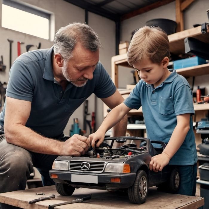 tata i sin zajedno popravljaju igračku auta