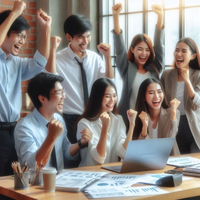 Slika prikazuje grupu ljudi u uredu koji slave, podignutih ruku, s izrazima sreće i entuzijazma, što ukazuje na postignuti uspjeh