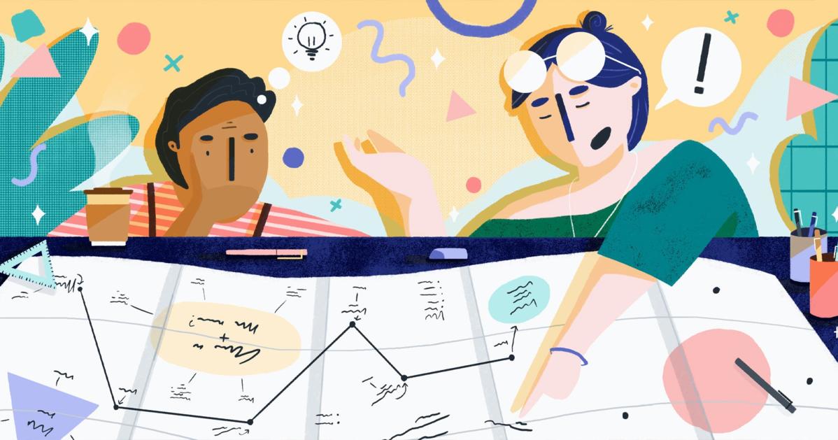 Crtež dvoje ljudi koji stvaraju strateški plan