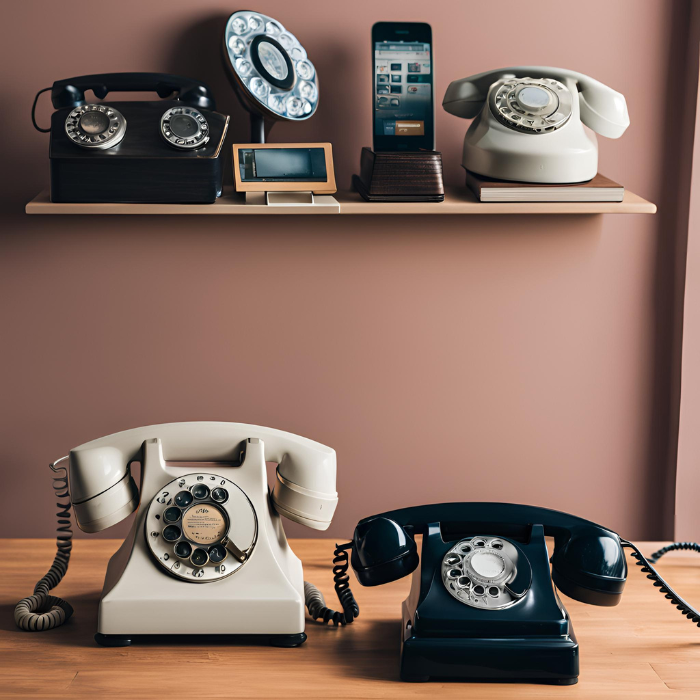 Tri različite vrste telefona poredane jedna do druge uključuju lijevi vintage rotacijski telefon, srednji vintage telefon s rotacijskom tipkom i desni moderni bežični telefon današnjice.