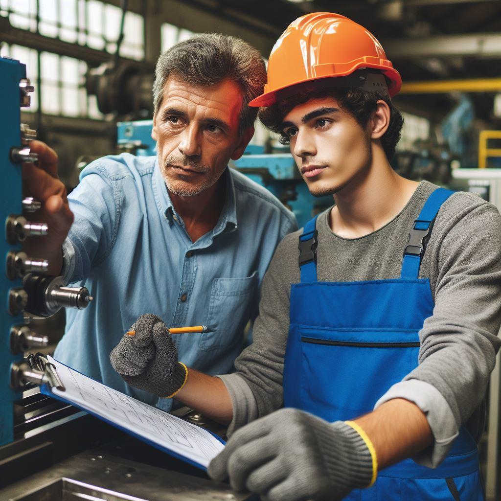 Mladi radnik uči od starijeg rukovati strojem